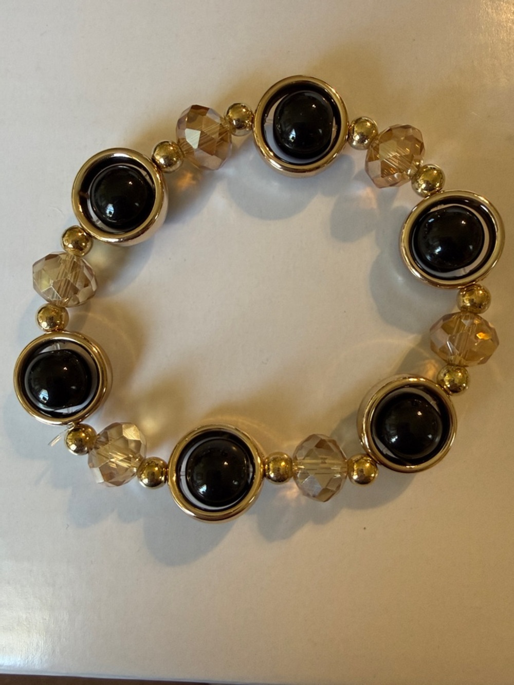 Classic Black Glass Bead Stretch Bracelet with Gold Accents